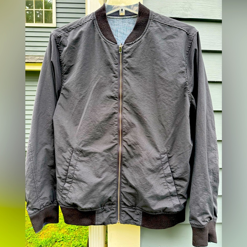 Reversible Denim & Black Bomber Jacket Unisex: Fits: Women’s L, Men’s S/M.
